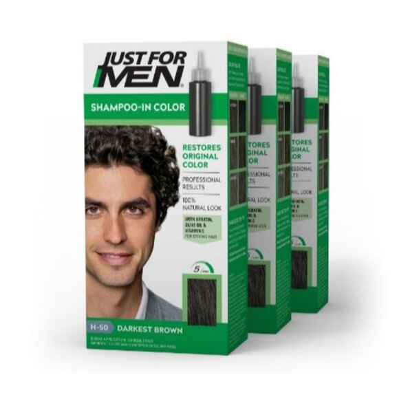 Just for Men Shampoo-in Hair Dye for Men H-50 Darkest Brown 3 Pack - Picture 1 of 11